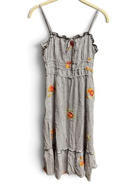 AUW Black White Striped Floral Embroidered Sundress Rayon Boho Small